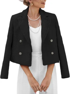 2025 Women's Spring Tweed Blazer Fashion Warm Fully-Lined Elegant Trendy Casual Double-Breasted Jacket with Pockets