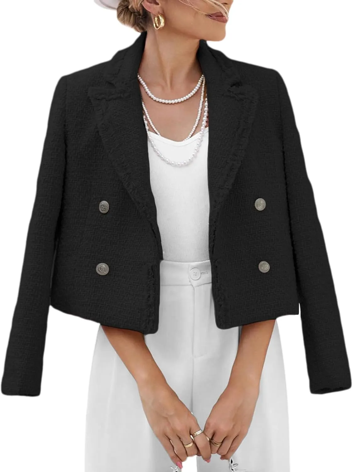 2025 Women's Spring Tweed Blazer Fashion Warm Fully-Lined Elegant Trendy Casual Double-Breasted Jacket with Pockets