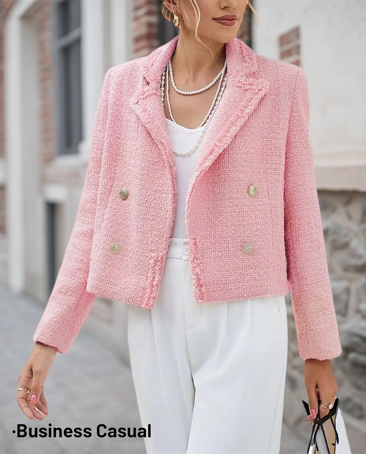 2025 Women's Spring Tweed Blazer Fashion Warm Fully-Lined Elegant Trendy Casual Double-Breasted Jacket with Pockets