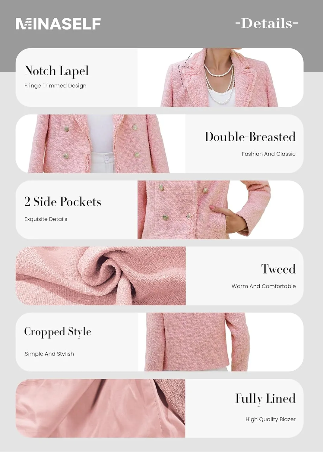 2025 Women's Spring Tweed Blazer Fashion Warm Fully-Lined Elegant Trendy Casual Double-Breasted Jacket with Pockets