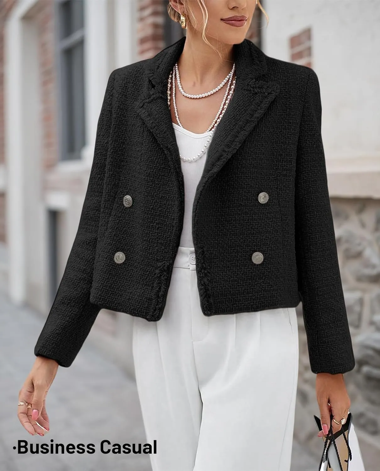 2025 Women's Spring Tweed Blazer Fashion Warm Fully-Lined Elegant Trendy Casual Double-Breasted Jacket with Pockets