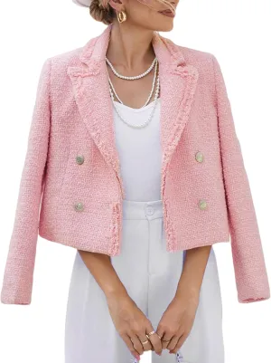2025 Women's Spring Tweed Blazer Fashion Warm Fully-Lined Elegant Trendy Casual Double-Breasted Jacket with Pockets