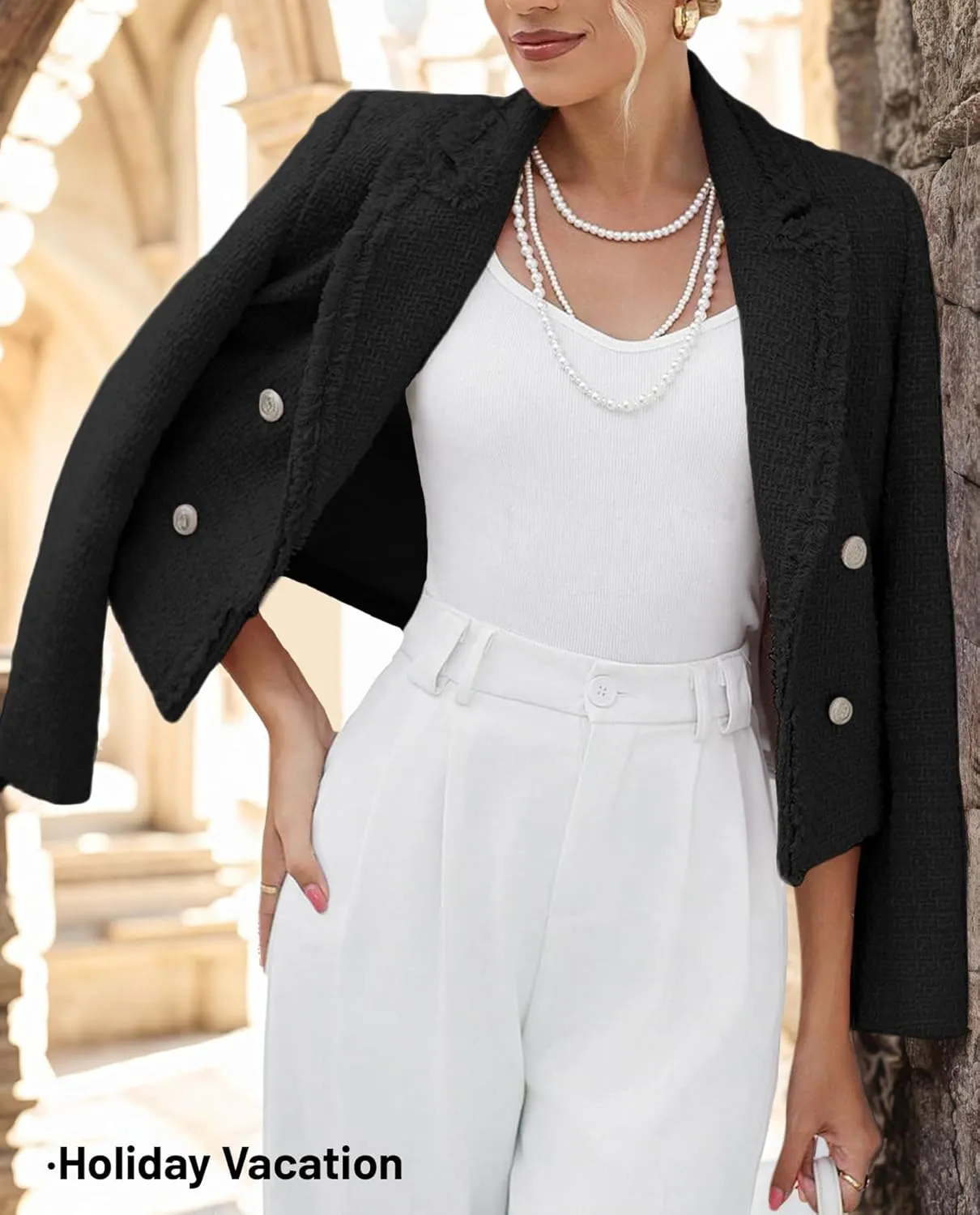 2025 Women's Spring Tweed Blazer Fashion Warm Fully-Lined Elegant Trendy Casual Double-Breasted Jacket with Pockets