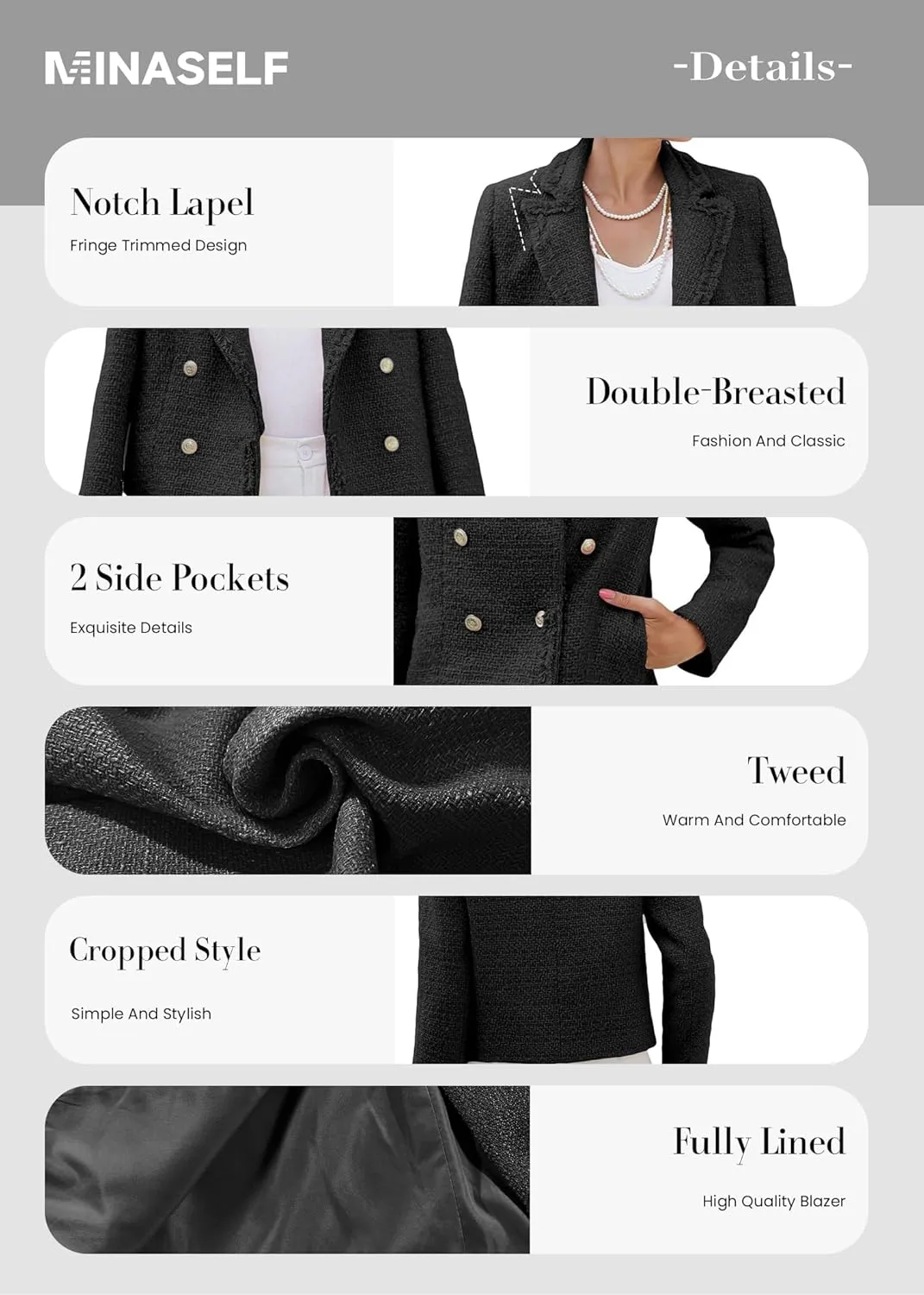 2025 Women's Spring Tweed Blazer Fashion Warm Fully-Lined Elegant Trendy Casual Double-Breasted Jacket with Pockets
