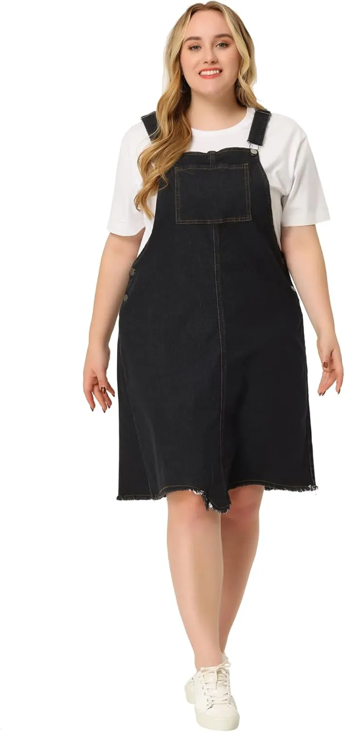 Agnes Orinda Plus Size Women's Denim Overall Dresses Frayed Adjustable Jean Straps Suspender Summer Dress