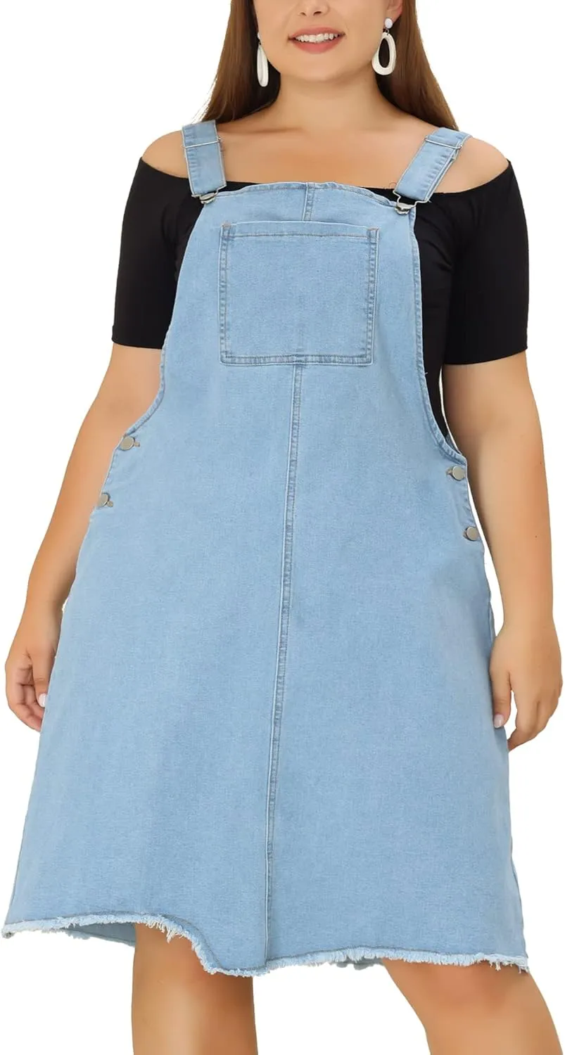 Agnes Orinda Plus Size Women's Denim Overall Dresses Frayed Adjustable Jean Straps Suspender Summer Dress