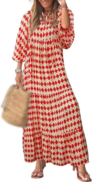 Boho Maxi Dresses for Women Summer Loose V Neck Puff Short Sleeve Dress Casual Flowy Floral Tiered Beach Sundress