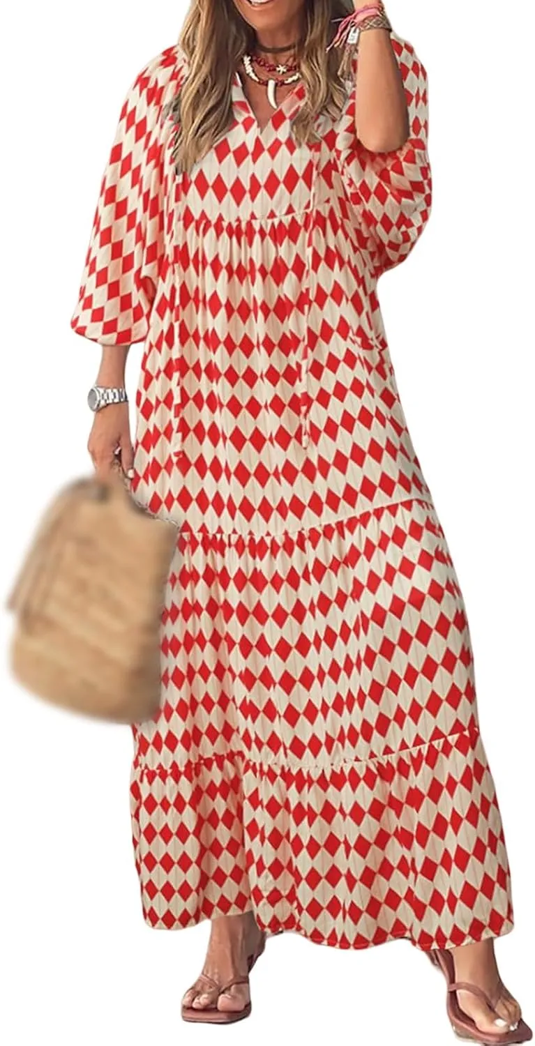 Boho Maxi Dresses for Women Summer Loose V Neck Puff Short Sleeve Dress Casual Flowy Floral Tiered Beach Sundress