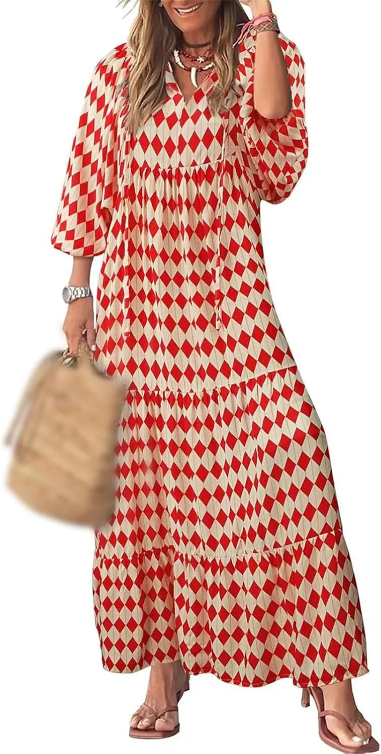 Boho Maxi Dresses for Women Summer Loose V Neck Puff Short Sleeve Dress Casual Flowy Floral Tiered Beach Sundress
