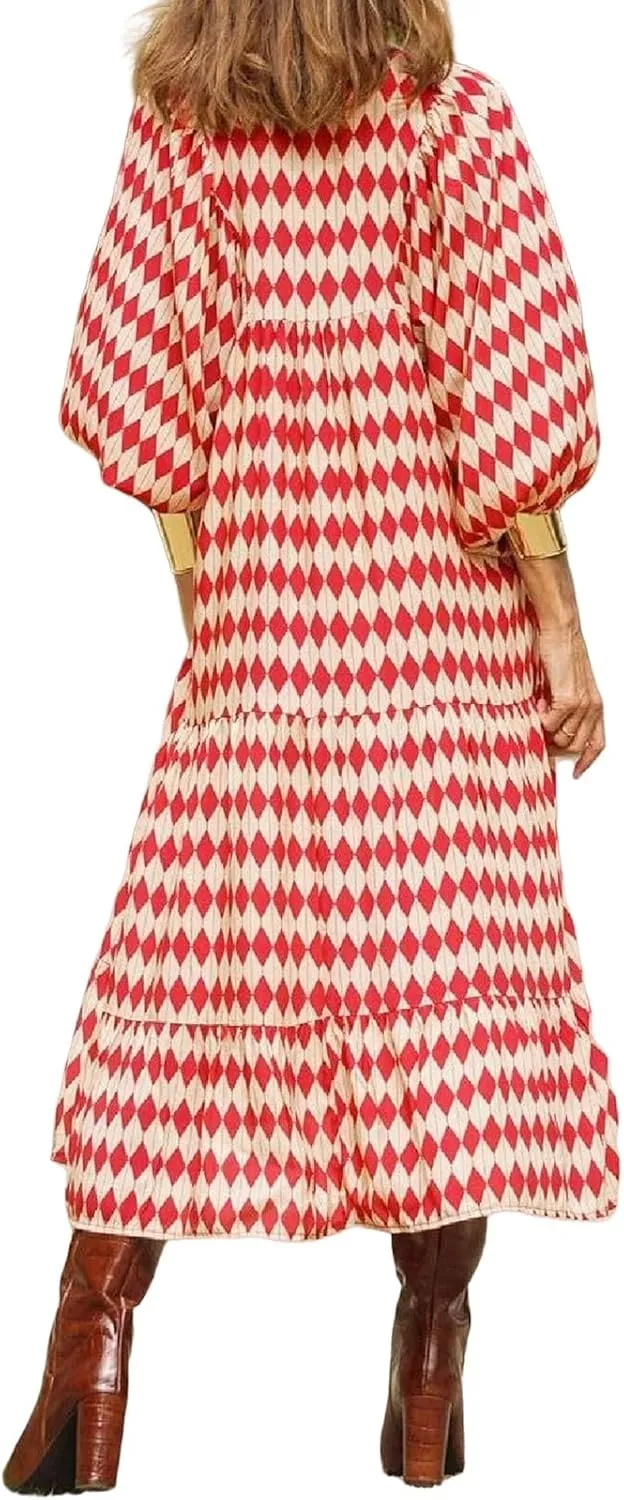 Boho Maxi Dresses for Women Summer Loose V Neck Puff Short Sleeve Dress Casual Flowy Floral Tiered Beach Sundress