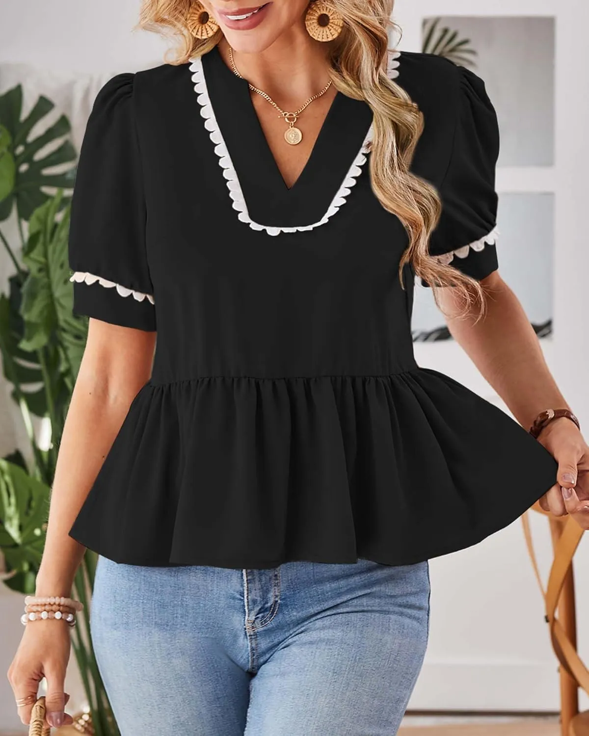 Cakulo Peplum Tops for Women 2025 Babydoll Summer Short Puff Sleeve V Neck Flowy Ladies Top Blouses