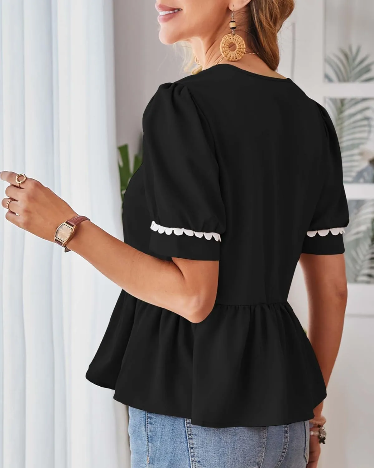 Cakulo Peplum Tops for Women 2025 Babydoll Summer Short Puff Sleeve V Neck Flowy Ladies Top Blouses