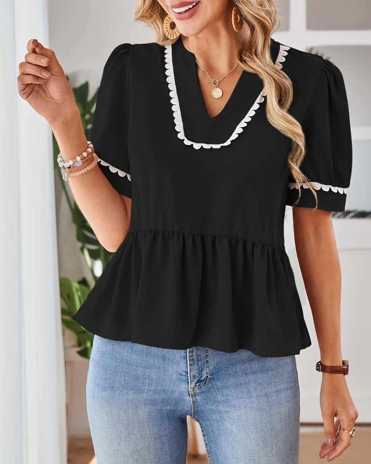 Cakulo Peplum Tops for Women 2025 Babydoll Summer Short Puff Sleeve V Neck Flowy Ladies Top Blouses