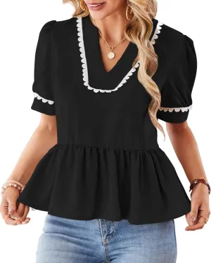 Cakulo Peplum Tops for Women 2025 Babydoll Summer Short Puff Sleeve V Neck Flowy Ladies Top Blouses