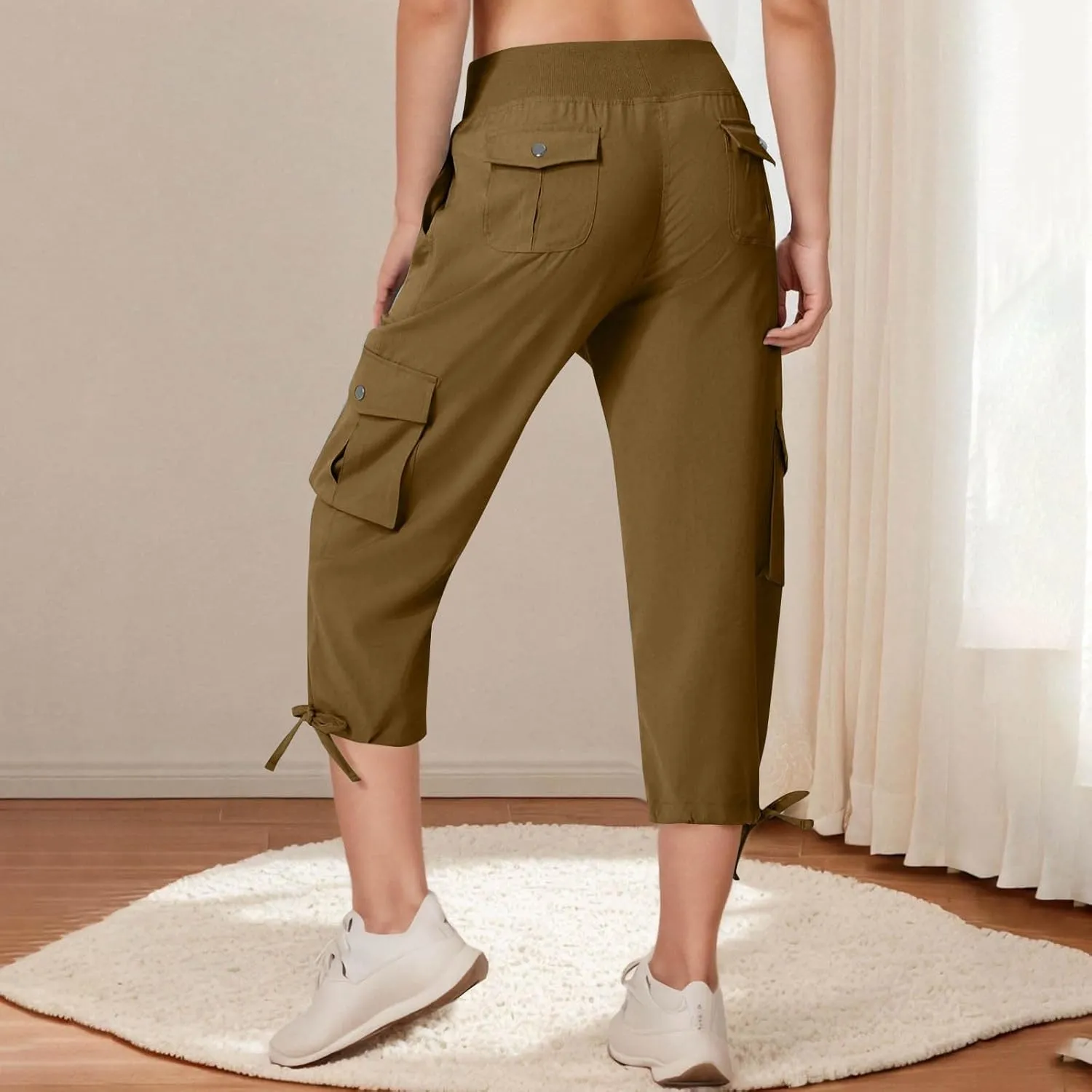 Cargo Pants for Women Drawstring Elastic Waisted Work Capris Straight Leg Bow Lace Up Jogger Capri Pants with Pockets