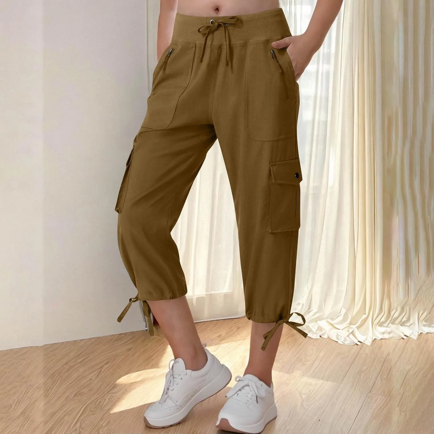 Cargo Pants for Women Drawstring Elastic Waisted Work Capris Straight Leg Bow Lace Up Jogger Capri Pants with Pockets