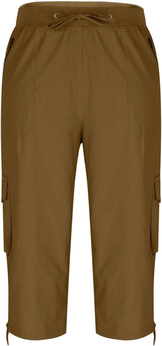 Cargo Pants for Women Drawstring Elastic Waisted Work Capris Straight Leg Bow Lace Up Jogger Capri Pants with Pockets