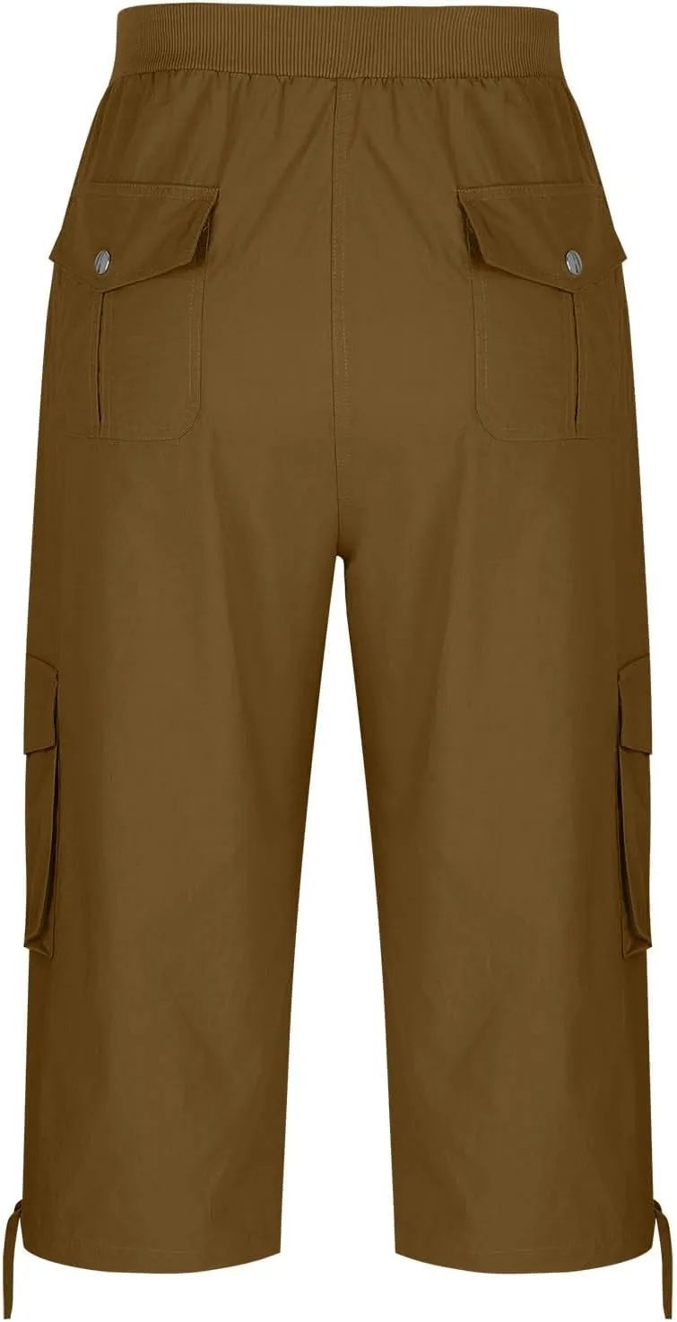 Cargo Pants for Women Drawstring Elastic Waisted Work Capris Straight Leg Bow Lace Up Jogger Capri Pants with Pockets