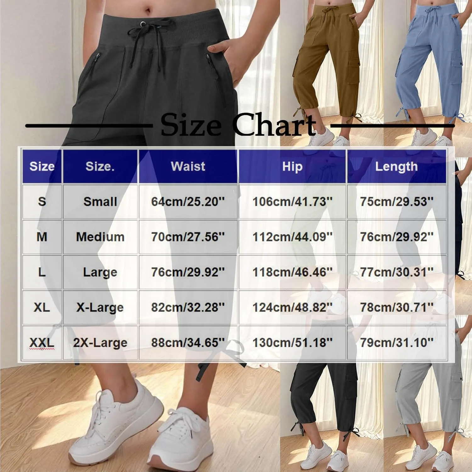 Cargo Pants for Women Drawstring Elastic Waisted Work Capris Straight Leg Bow Lace Up Jogger Capri Pants with Pockets