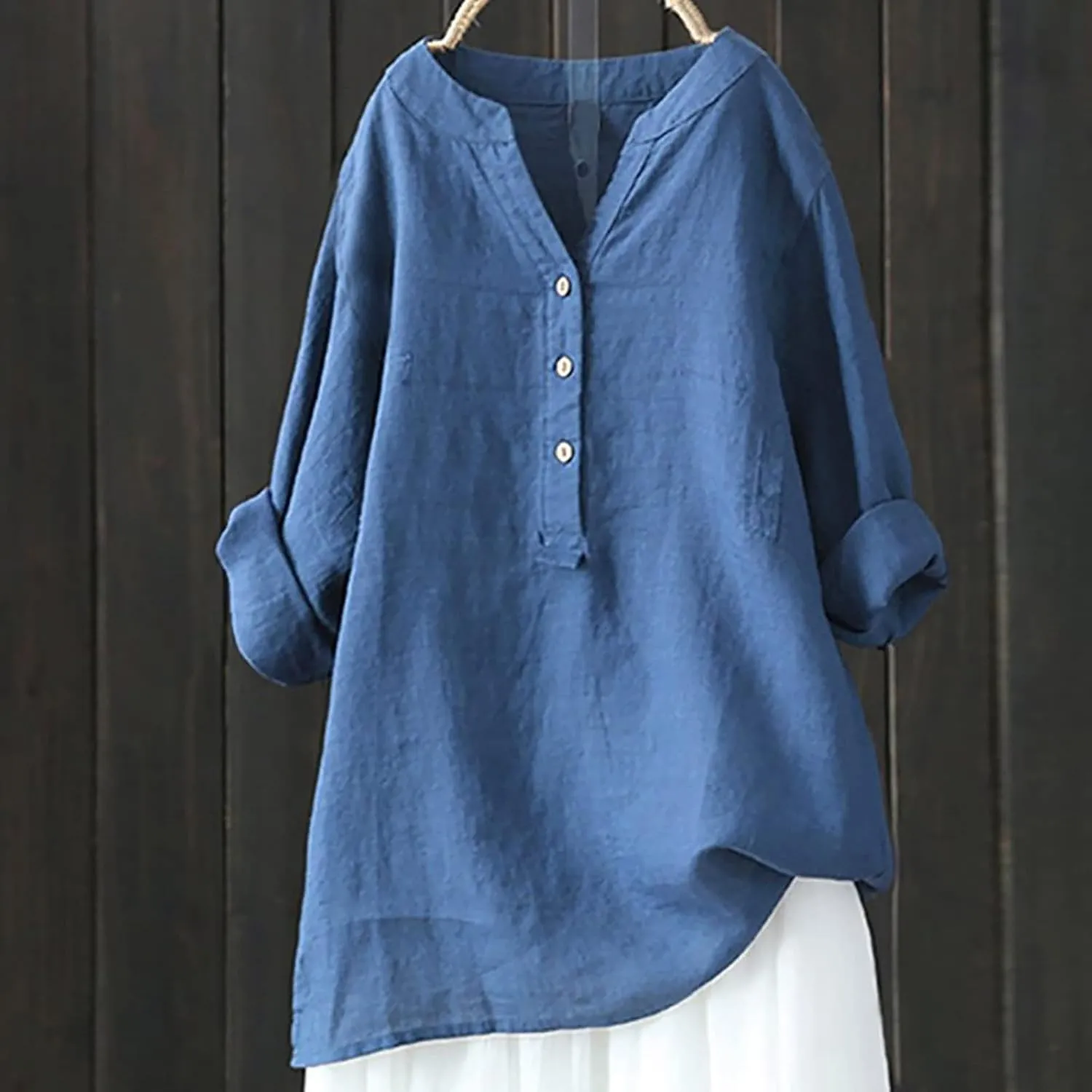 Ceboyel Women Cotton Linen Shirts Button Down Summer Blouse Roll-Up Sleeve Tops Tunic Trendy Boho Ladies Clothes 2023