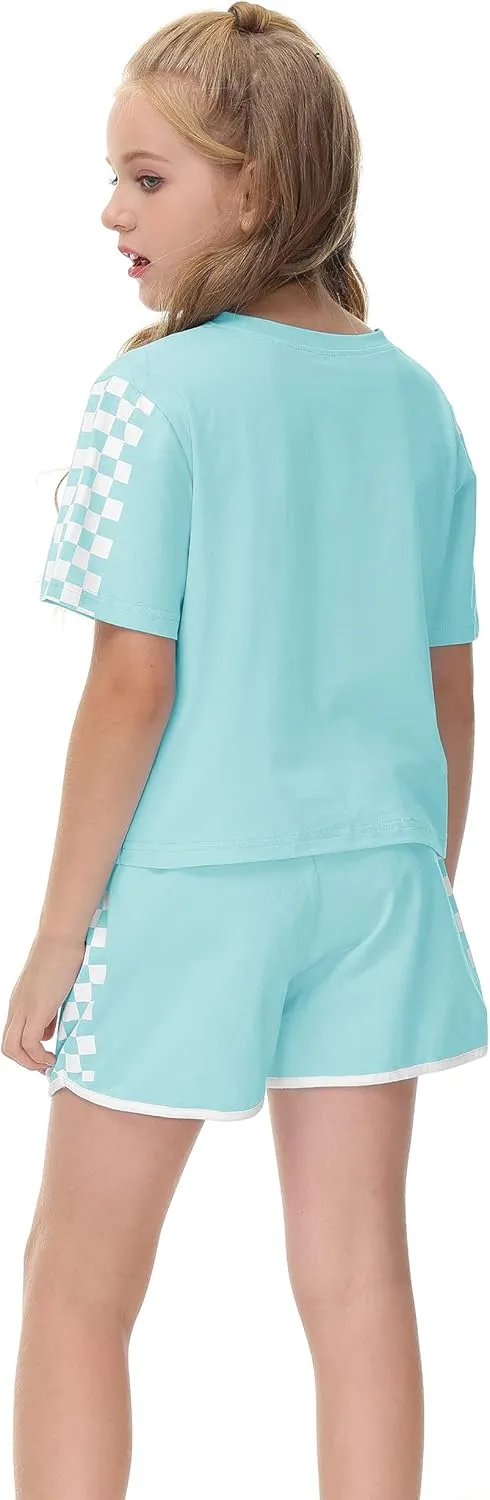 CNJFJ Kids Summer Sport T-Shirt and Shorts Set Plaid Print Clothing Sets Tracksuit