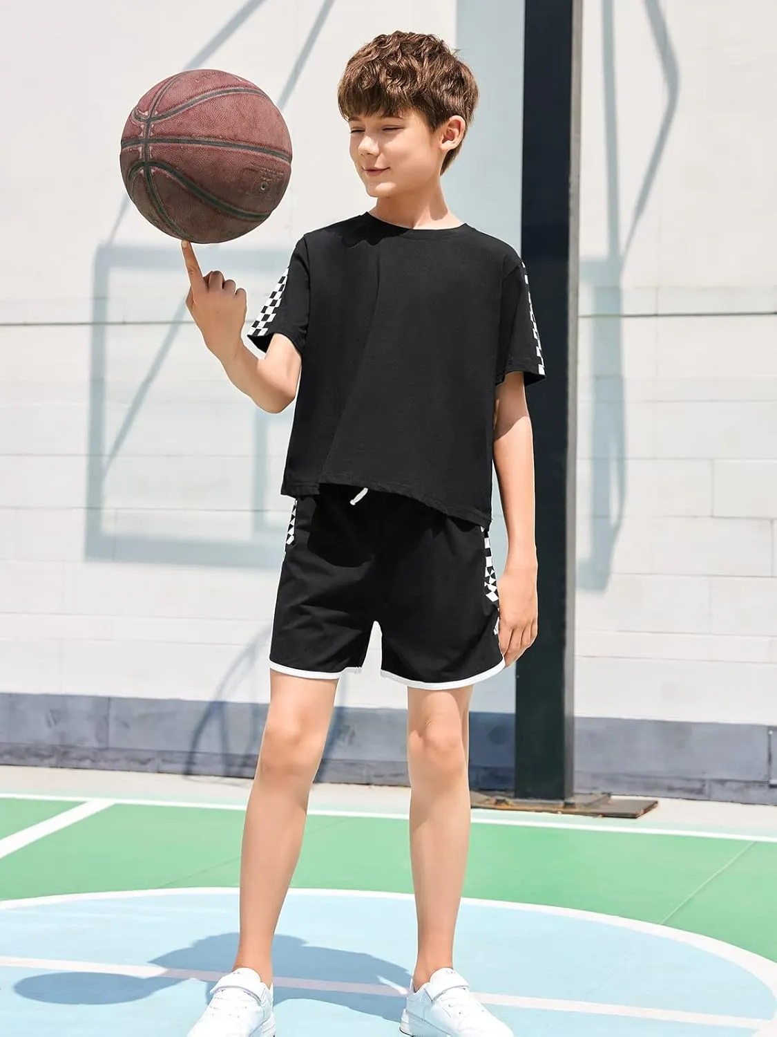 CNJFJ Kids Summer Sport T-Shirt and Shorts Set Plaid Print Clothing Sets Tracksuit