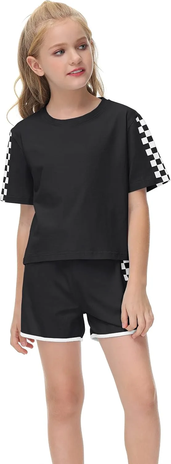 CNJFJ Kids Summer Sport T-Shirt and Shorts Set Plaid Print Clothing Sets Tracksuit