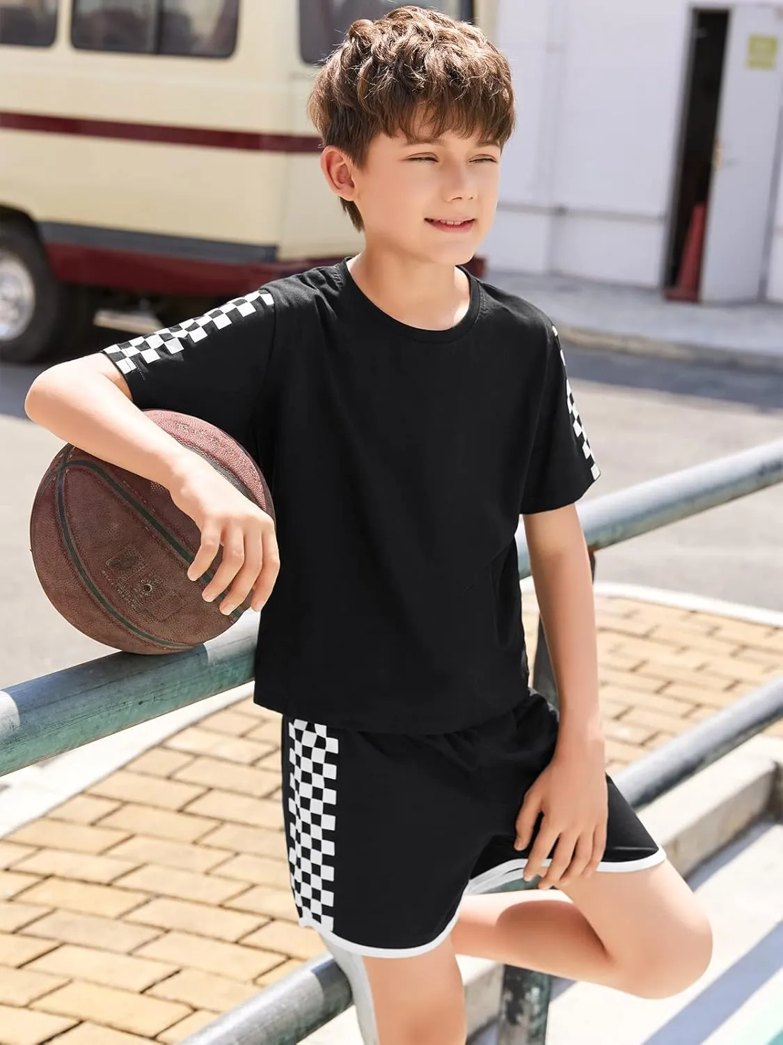 CNJFJ Kids Summer Sport T-Shirt and Shorts Set Plaid Print Clothing Sets Tracksuit