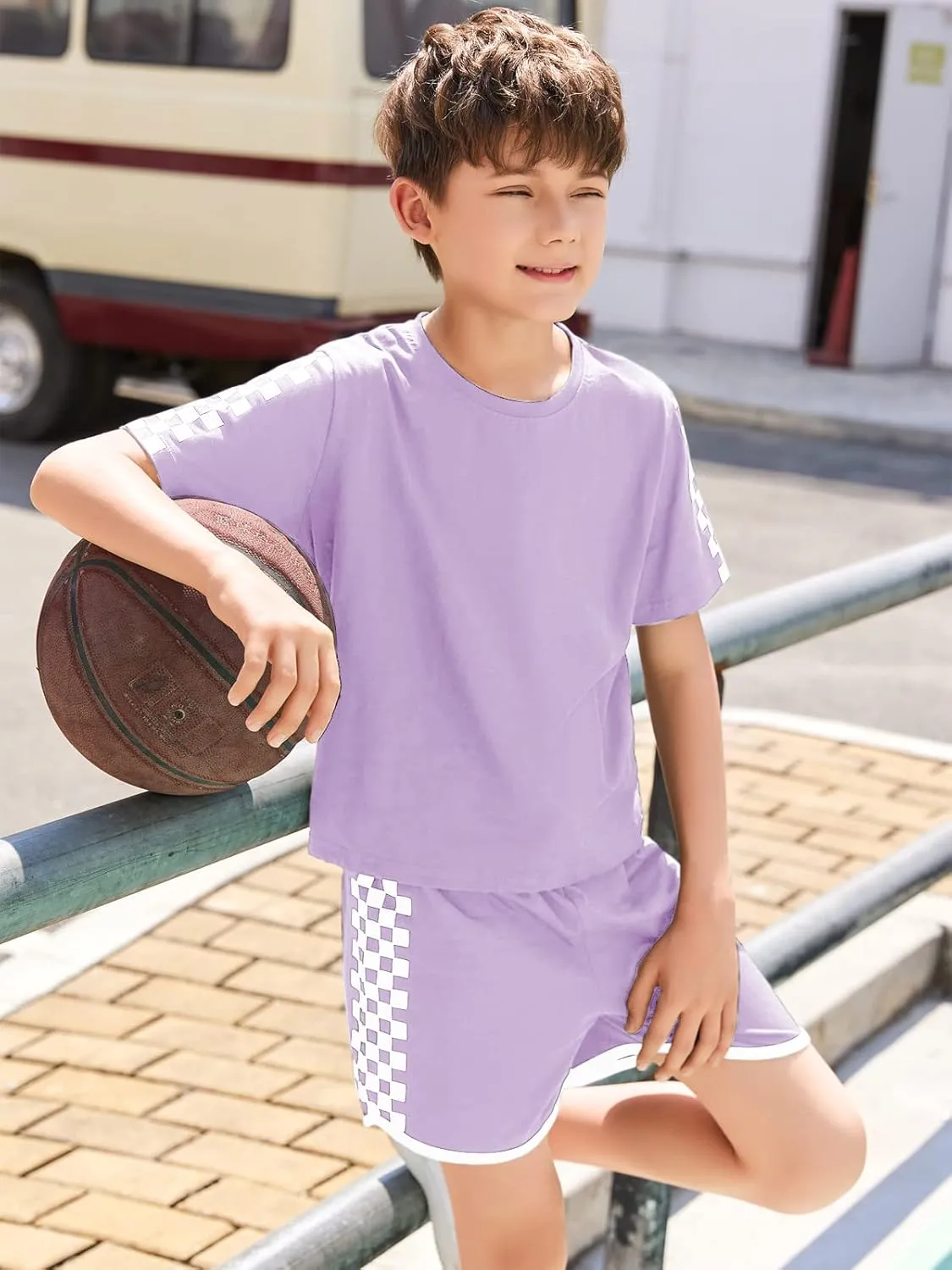 CNJFJ Kids Summer Sport T-Shirt and Shorts Set Plaid Print Clothing Sets Tracksuit