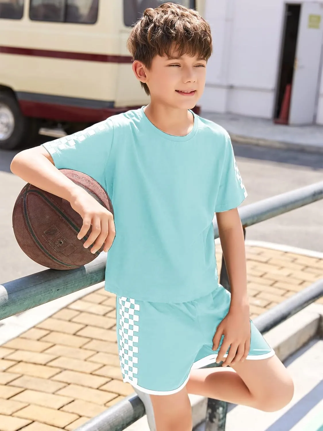 CNJFJ Kids Summer Sport T-Shirt and Shorts Set Plaid Print Clothing Sets Tracksuit