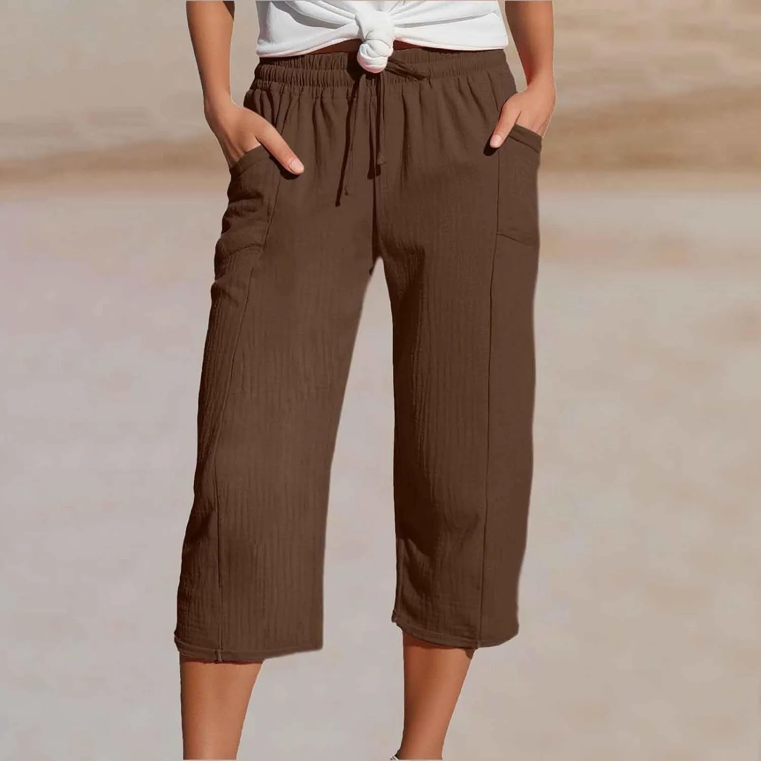 Cotton Linen Pants for Women 2025 Wide Leg Cropped Lounge Trousers Drawstring Elastic Waist Beach Pants Summer Outfits
