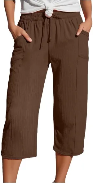 Cotton Linen Pants for Women 2025 Wide Leg Cropped Lounge Trousers Drawstring Elastic Waist Beach Pants Summer Outfits