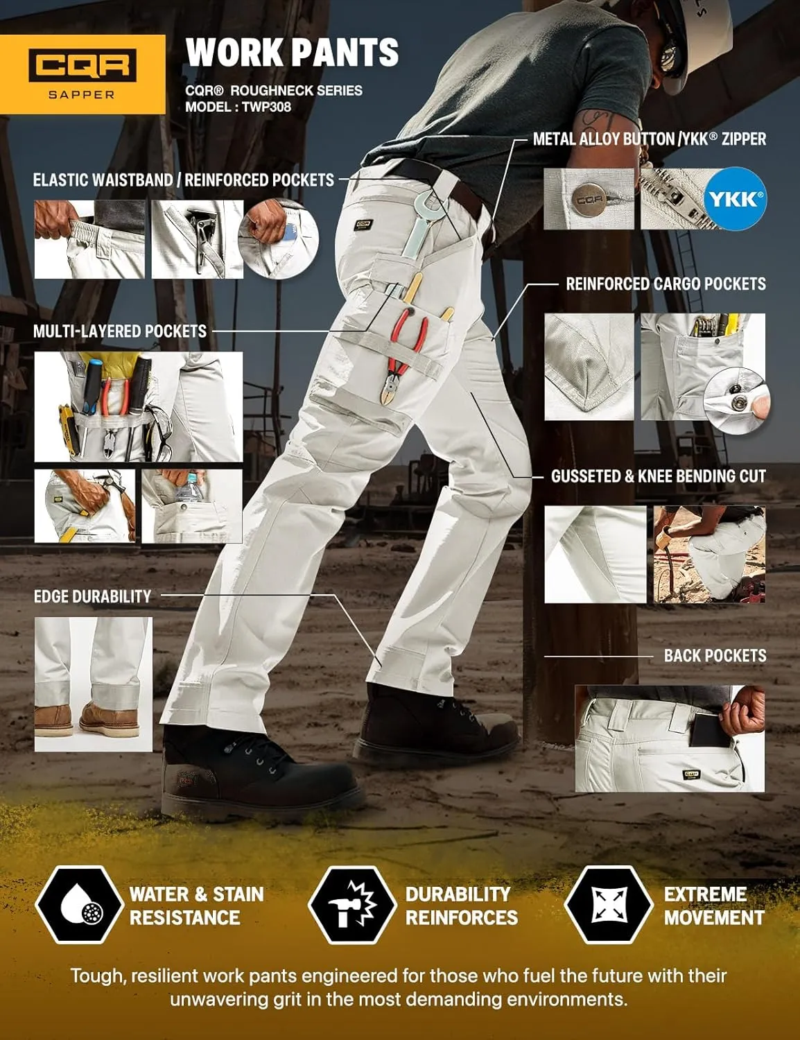 CQR Men's Quick Dry Work Pants, Water Resistant Outdoor Tactical Pants, Lightweight Stretch Cargo Hiking Pants