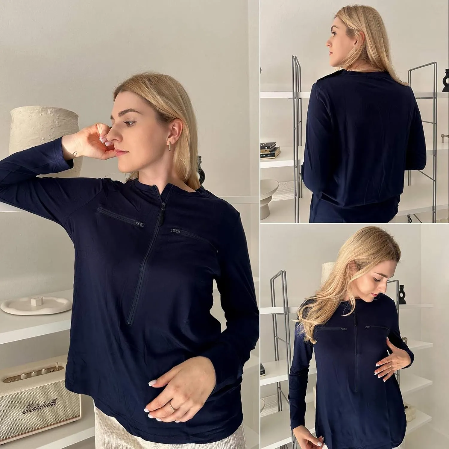 Deyeek Chemo Port Shirts for Women 2 Side Snaps Long Sleeve Shoulder Post Surgery Clothing Dialysis Breast Cancer Shirts