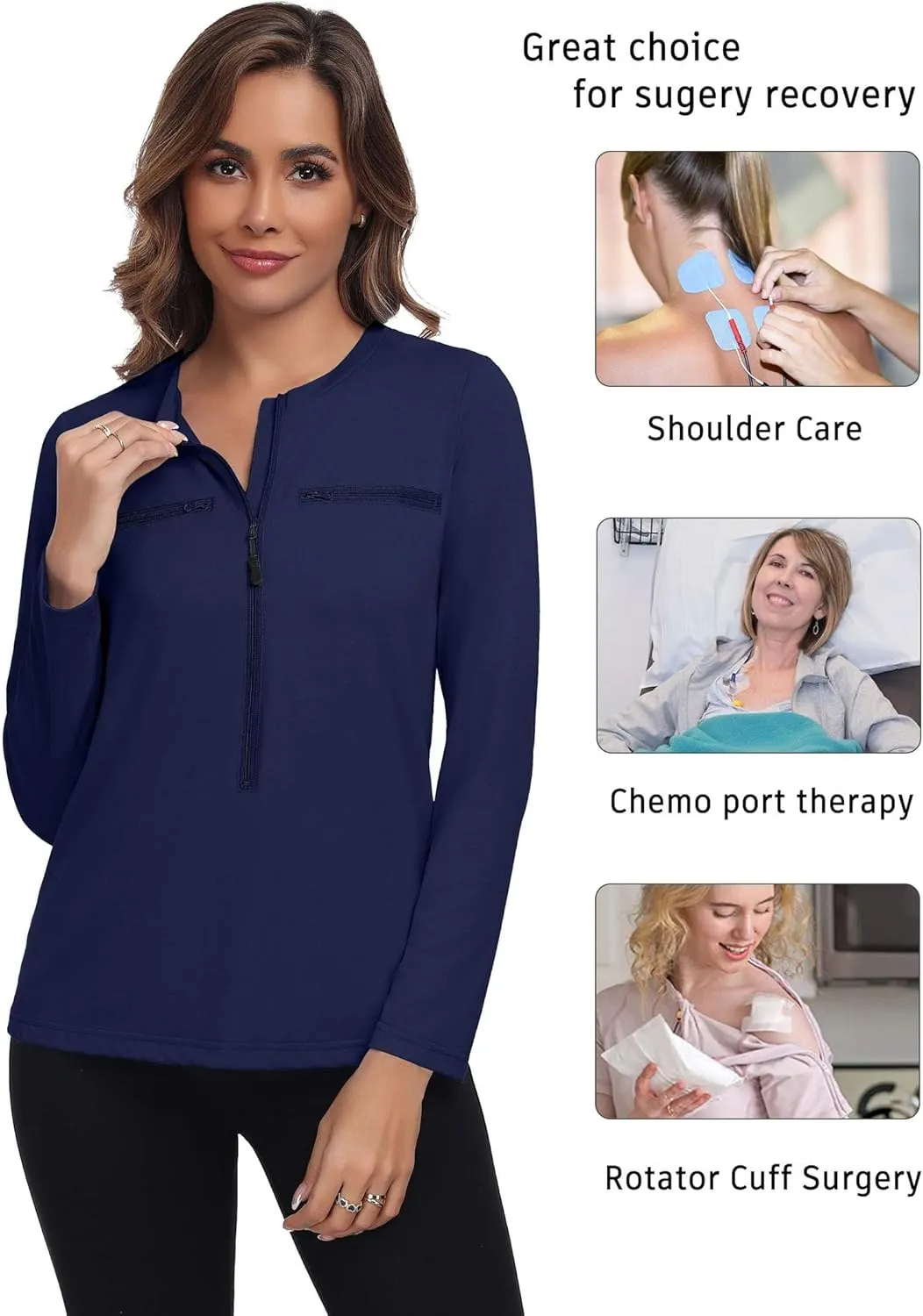 Deyeek Chemo Port Shirts for Women 2 Side Snaps Long Sleeve Shoulder Post Surgery Clothing Dialysis Breast Cancer Shirts