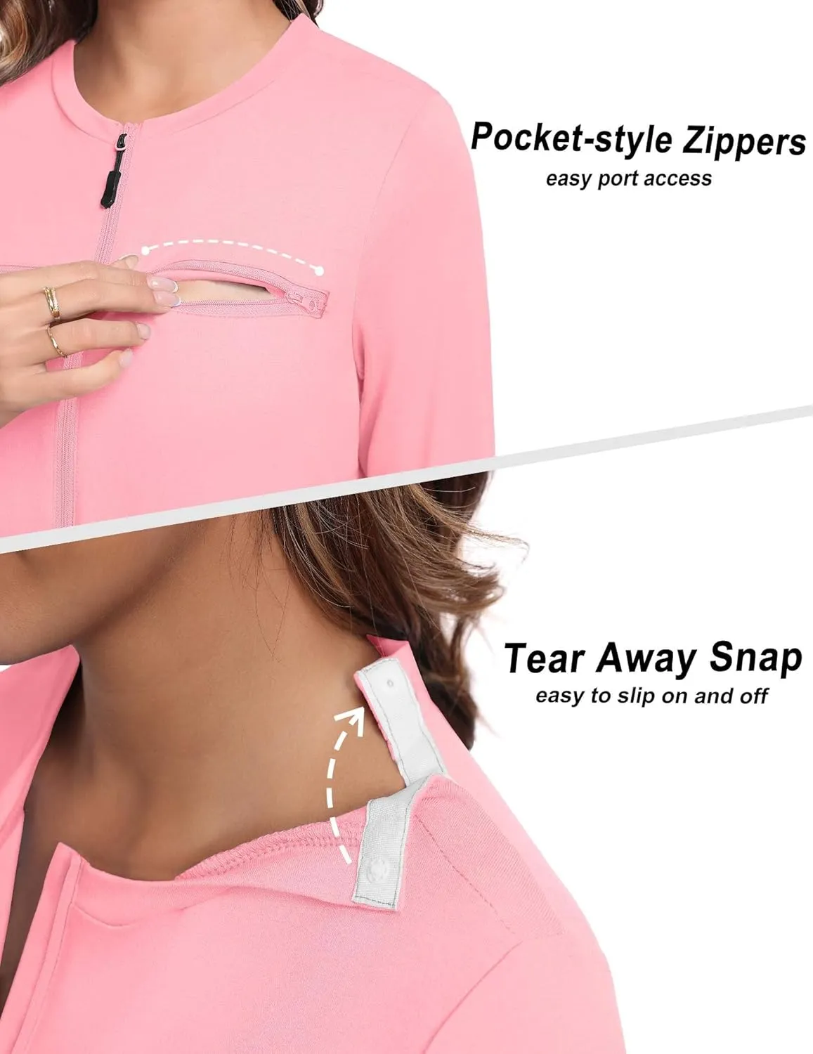 Deyeek Chemo Port Shirts for Women 2 Side Snaps Long Sleeve Shoulder Post Surgery Clothing Dialysis Breast Cancer Shirts