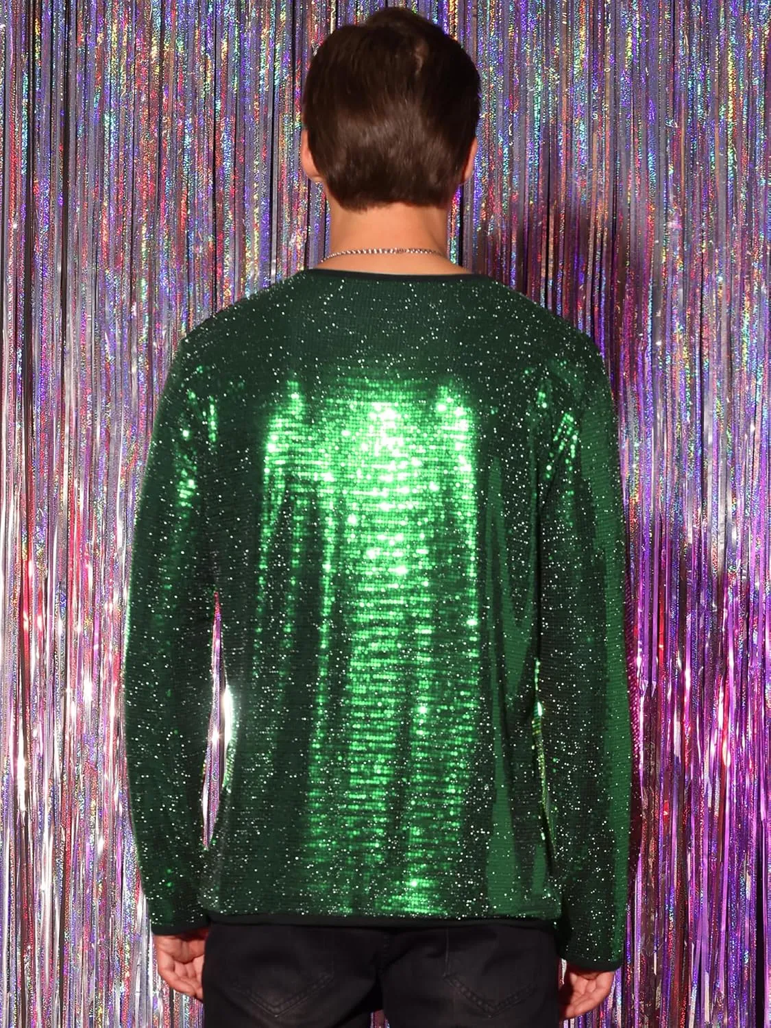 Lars Amadeus Sequins T-Shirt for Men's Crew Neck Long Sleeves Party Clubwear Sparkly Tee Tops