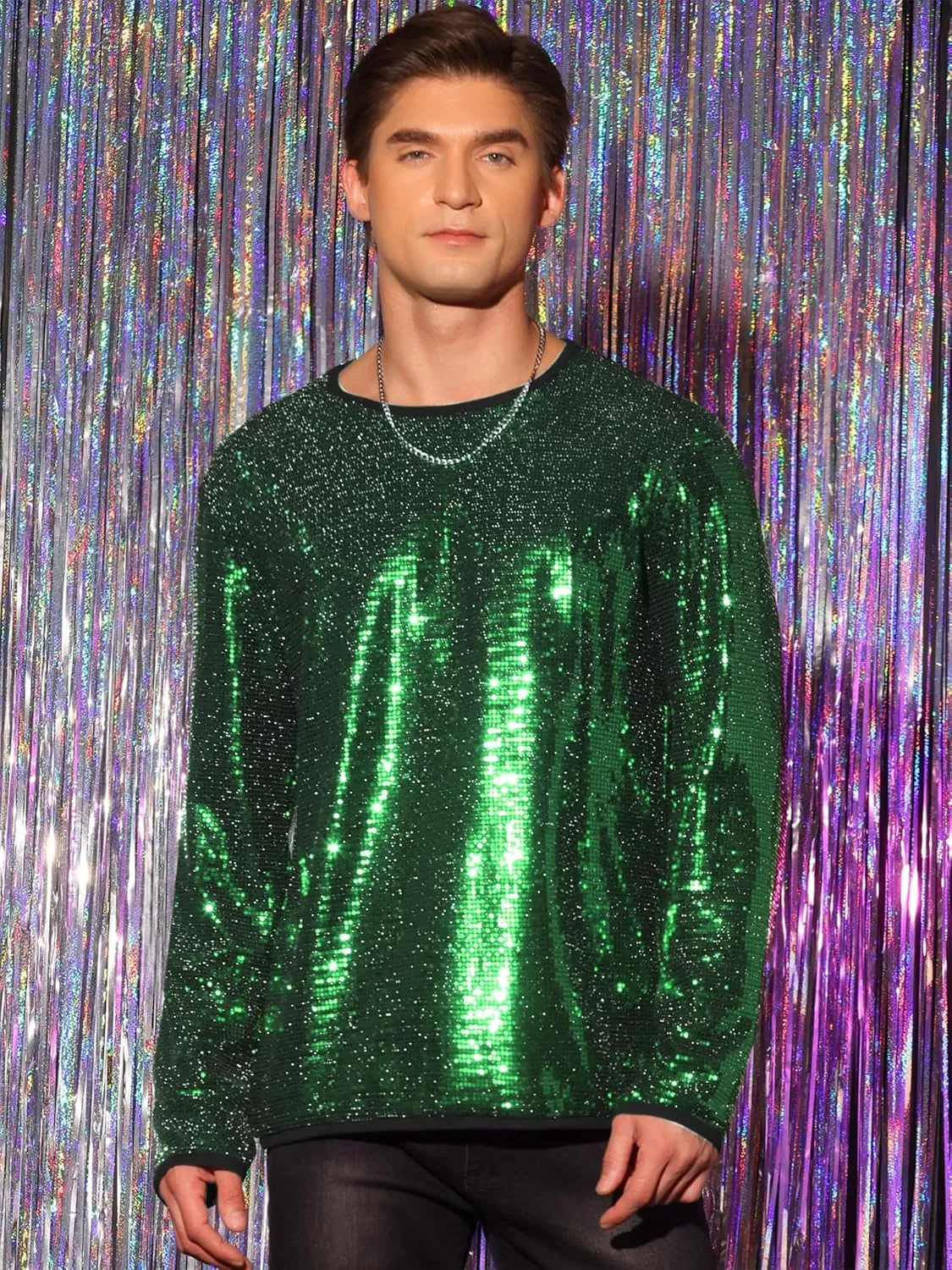 Lars Amadeus Sequins T-Shirt for Men's Crew Neck Long Sleeves Party Clubwear Sparkly Tee Tops