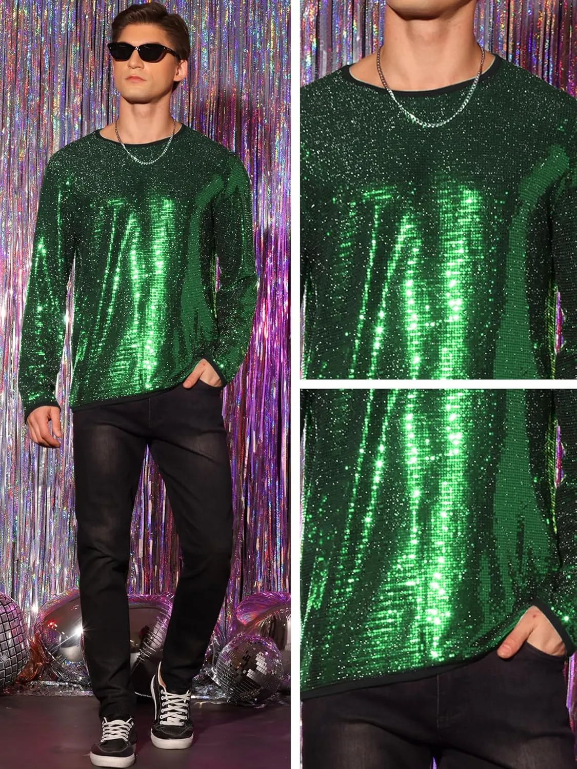 Lars Amadeus Sequins T-Shirt for Men's Crew Neck Long Sleeves Party Clubwear Sparkly Tee Tops