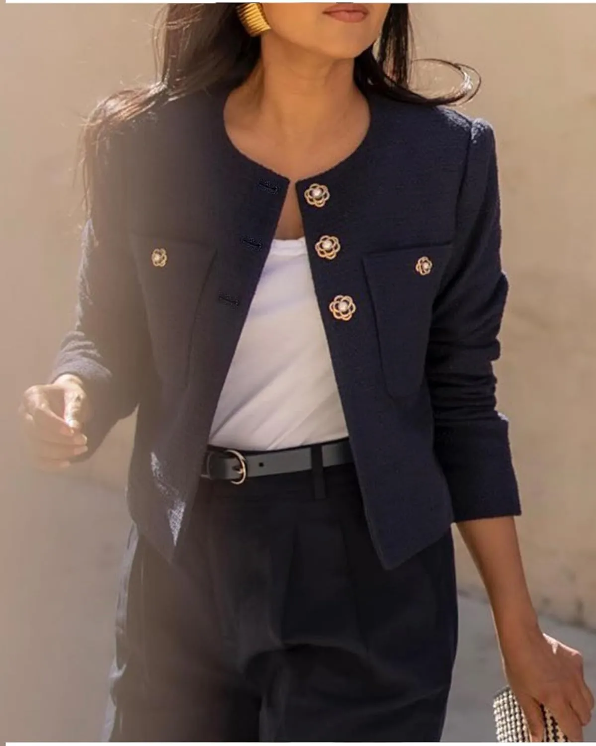 LifeShe Tweed Blazer Jacket for Women Elegant Open Front Cropped Blazers Long Sleeve Office Work Coats