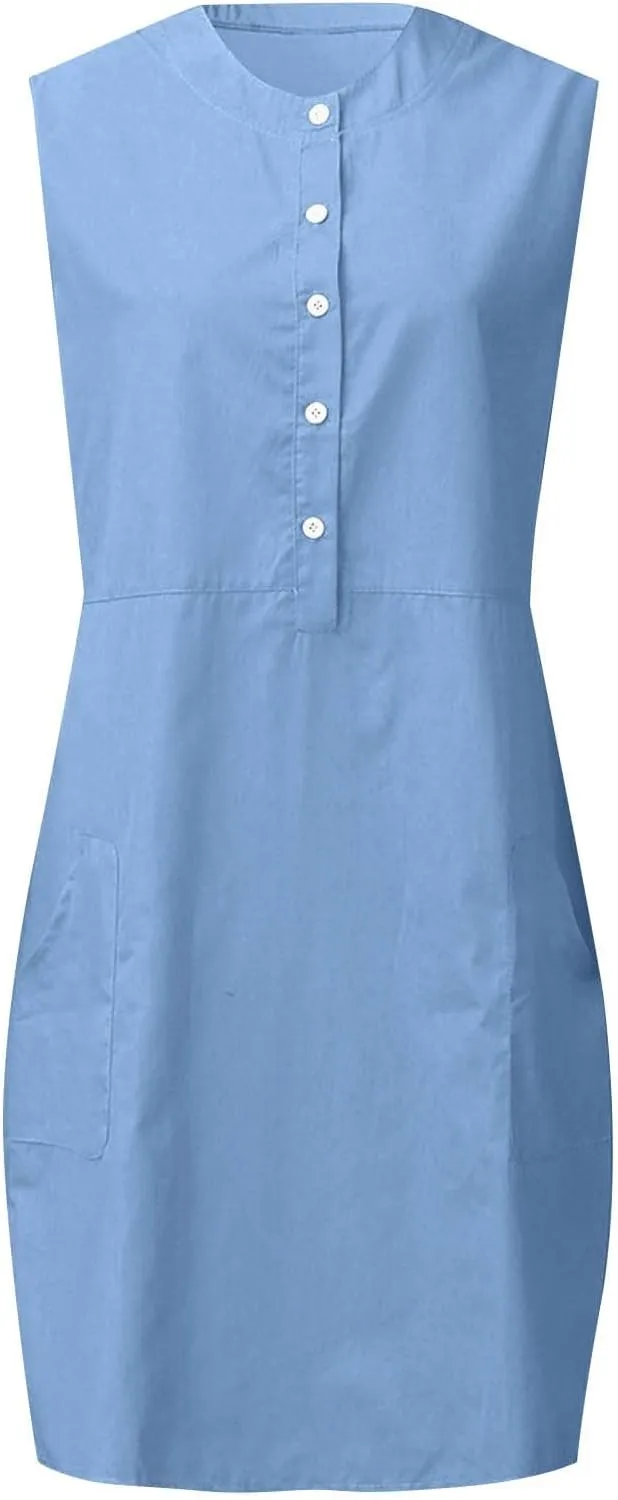 Linen Dresses for Women 2025 Sleeveless Button Down Shirt Dress Casual Summer Mini Dresses with Pockets