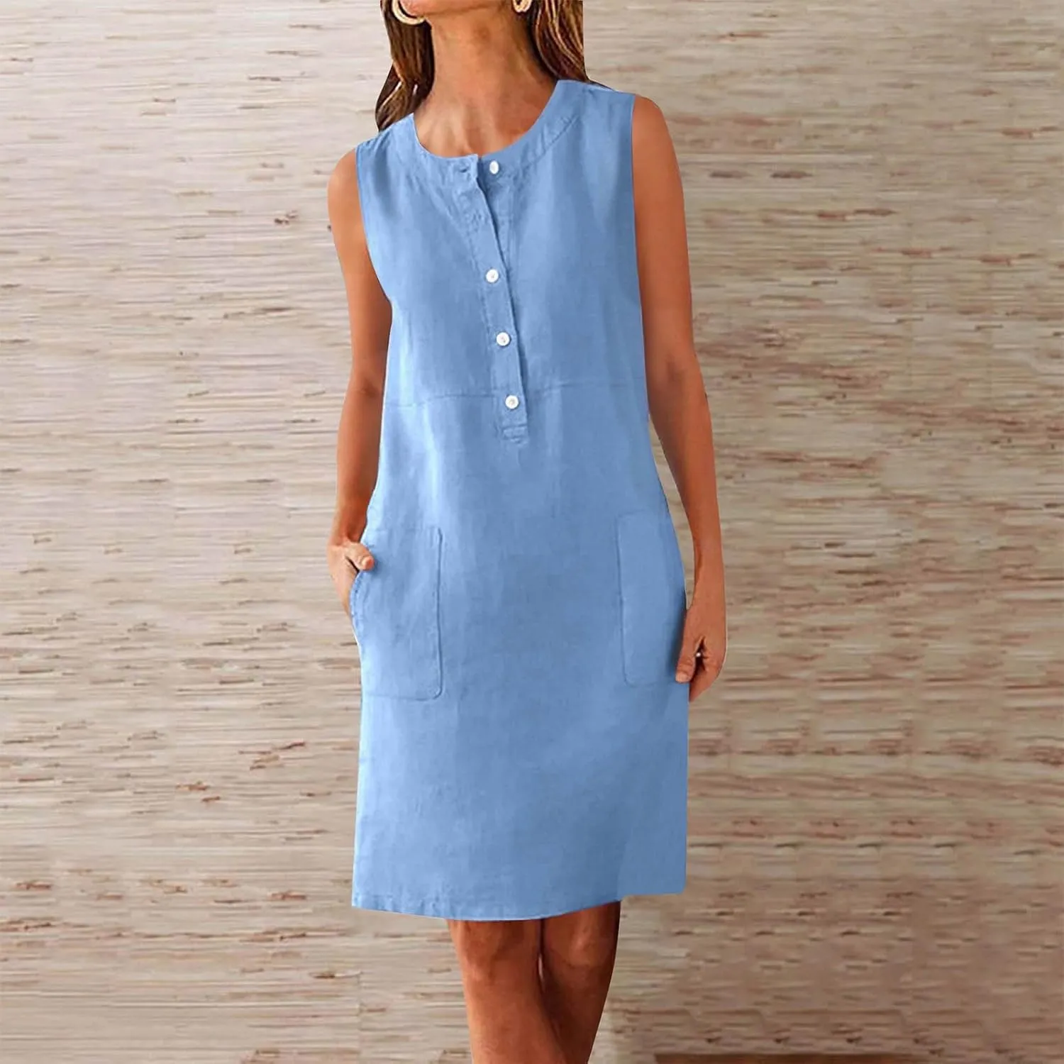 Linen Dresses for Women 2025 Sleeveless Button Down Shirt Dress Casual Summer Mini Dresses with Pockets