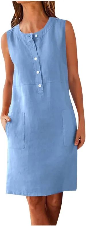 Linen Dresses for Women 2025 Sleeveless Button Down Shirt Dress Casual Summer Mini Dresses with Pockets