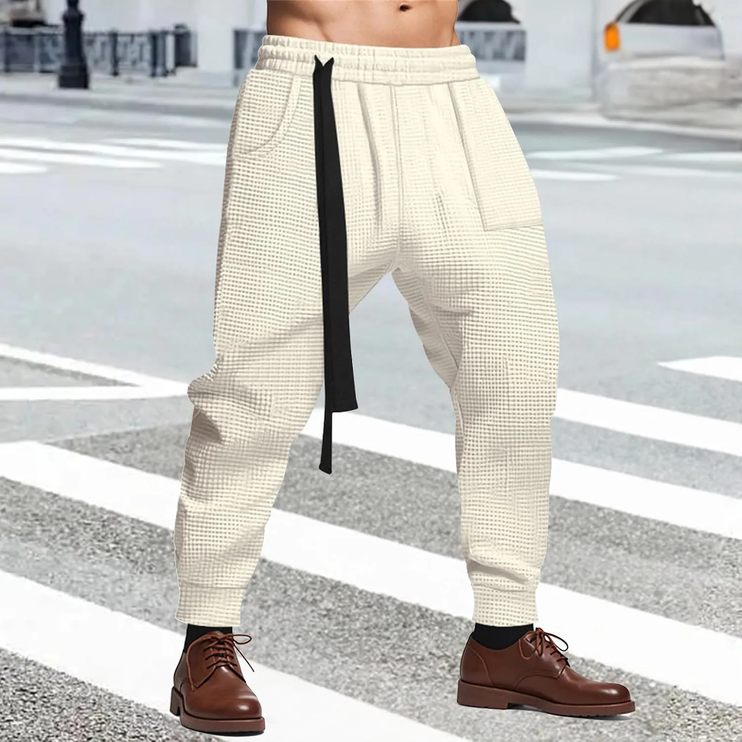 Mens Elastic Waist Drawstring Cargo Harem Baggy Sport Sweat Joggers Trousers Wide Leg Dress Business Work Suit Pants