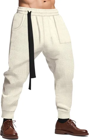Mens Elastic Waist Drawstring Cargo Harem Baggy Sport Sweat Joggers Trousers Wide Leg Dress Business Work Suit Pants