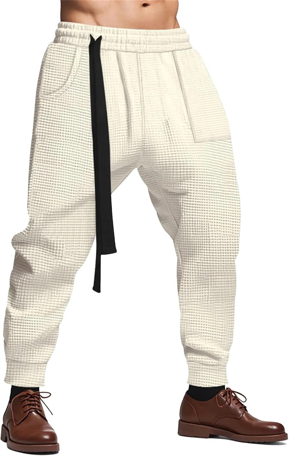 Mens Elastic Waist Drawstring Cargo Harem Baggy Sport Sweat Joggers Trousers Wide Leg Dress Business Work Suit Pants