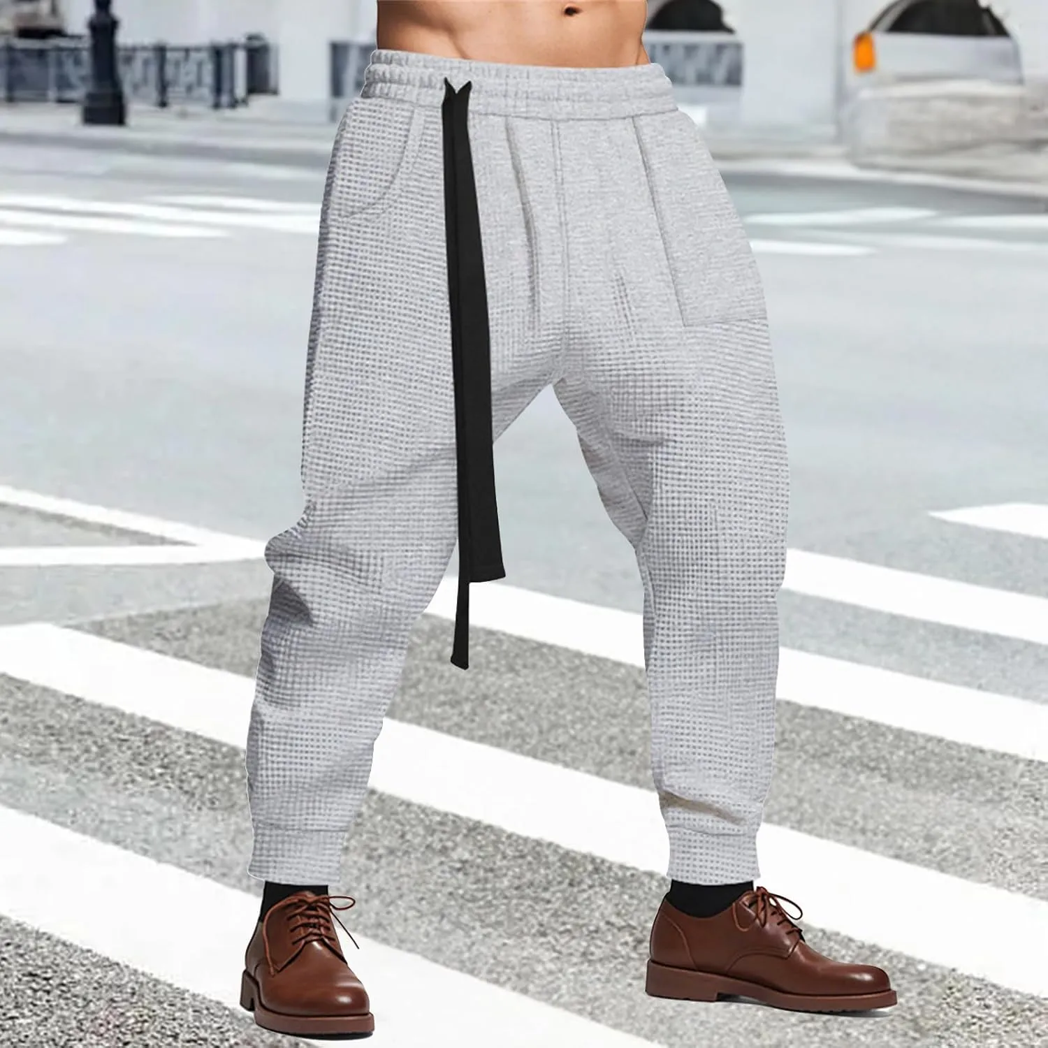 Mens Elastic Waist Drawstring Cargo Harem Baggy Sport Sweat Joggers Trousers Wide Leg Dress Business Work Suit Pants