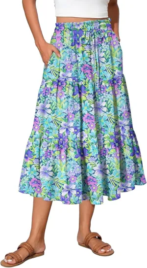 Midi Skirt for Women Summer Tiered High Waisted Knee Length Skirt A Line Flowy Floral Print Skirts with Pockets