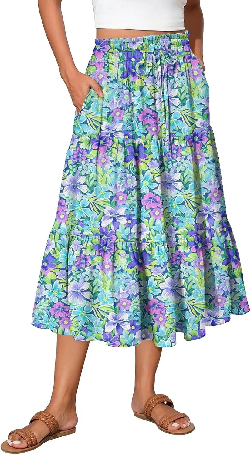 Midi Skirt for Women Summer Tiered High Waisted Knee Length Skirt A Line Flowy Floral Print Skirts with Pockets