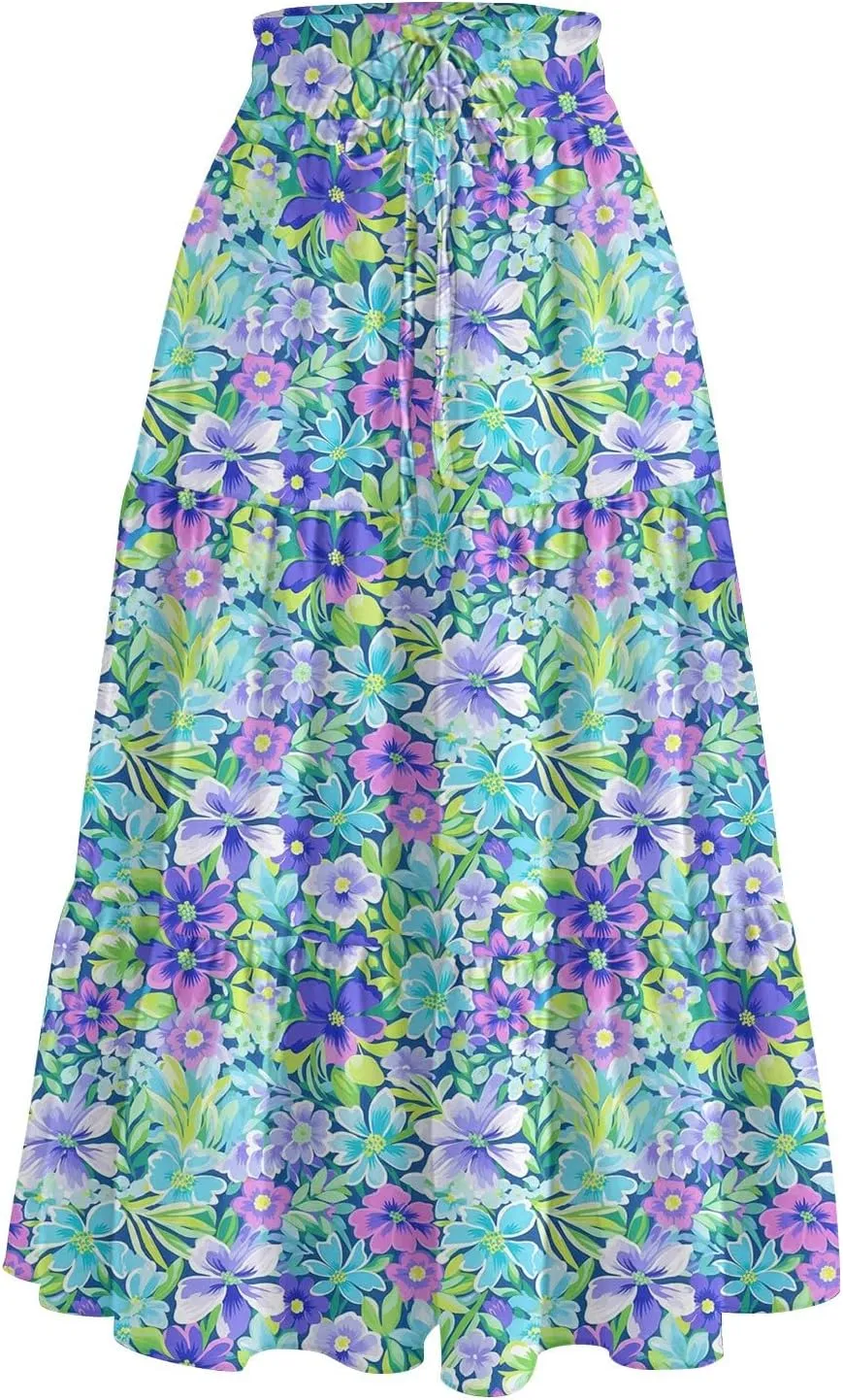 Midi Skirt for Women Summer Tiered High Waisted Knee Length Skirt A Line Flowy Floral Print Skirts with Pockets